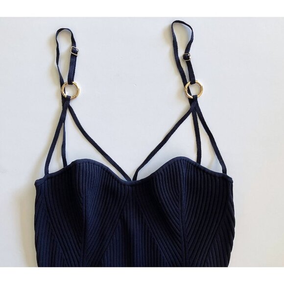 NICHOLAS Jules Rib Knit Cage Ring Hardware Dress Midnight Blue Size Large - Picture 6 of 9
